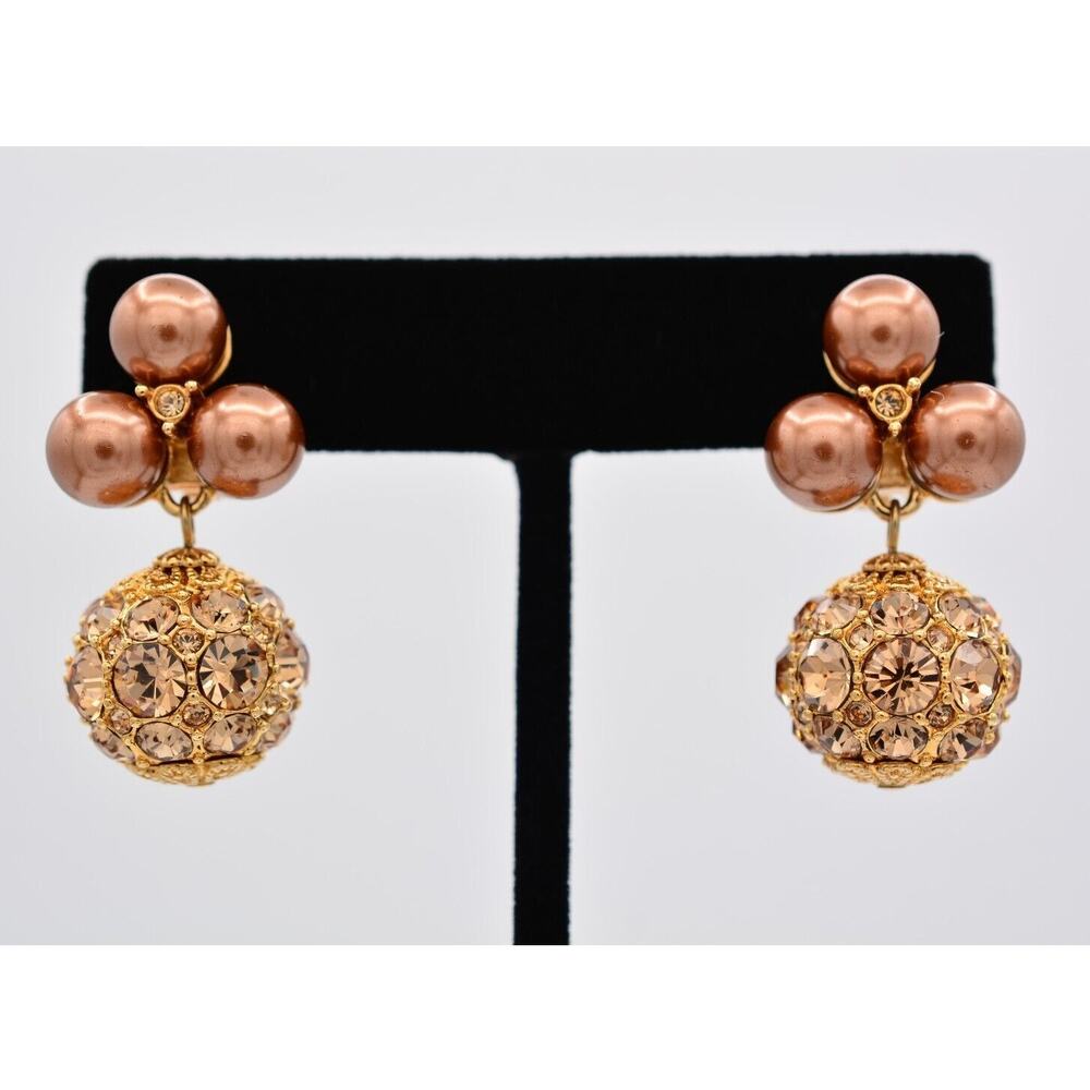 Vintage Crystal Clip On Earrings Gold Chocolate Pearl Chunky Heavy Signed BinAI